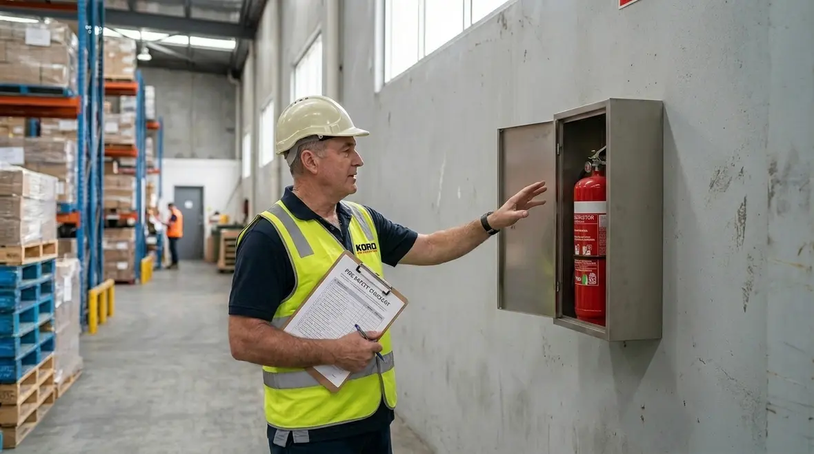 Visible fire extinguisher mounted along a commercial travel path