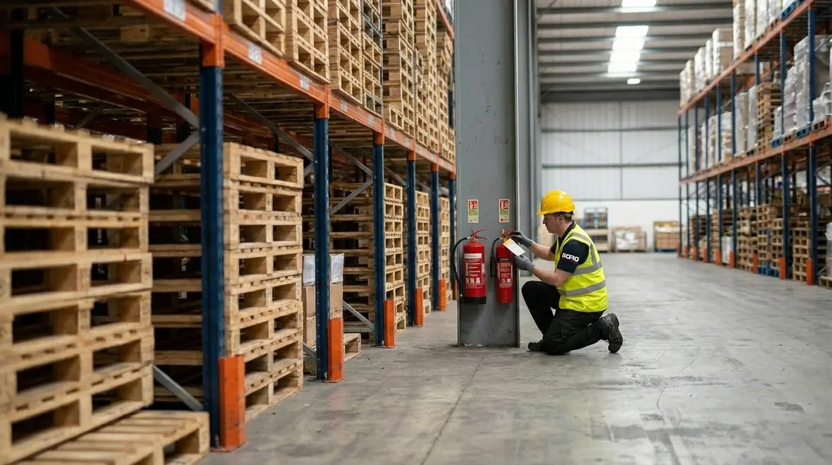 Accessible fire extinguisher location along an egress route