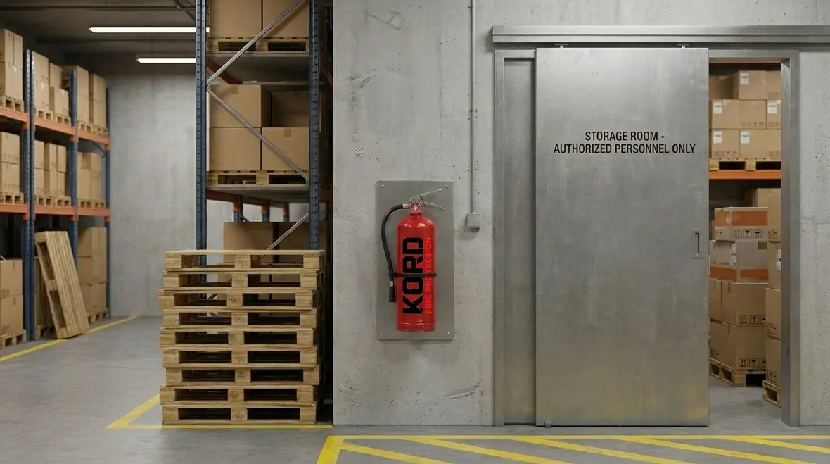 Fire extinguisher positioned for warehouse zone coverage and visibility