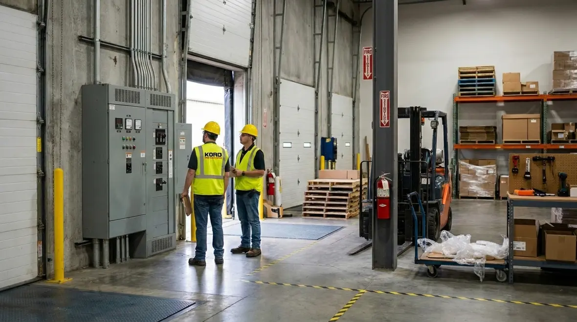Warehouse loading dock and storage zone with fire extinguisher access planning