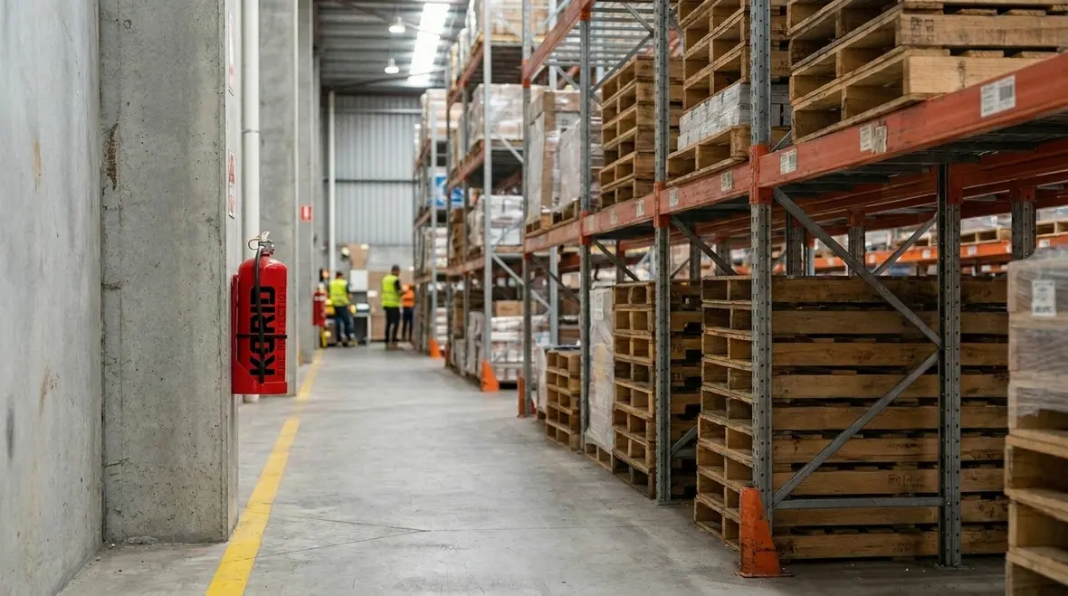 Warehouse aisle with visible fire extinguisher placement near access routes