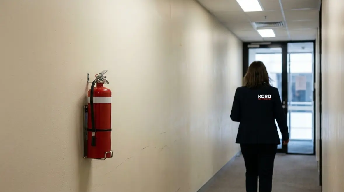 Commercial fire extinguisher mounted in a visible accessible location