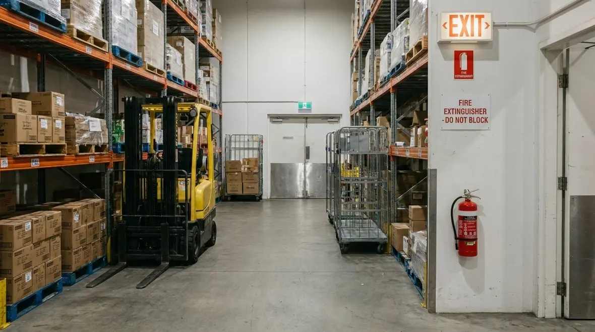 Fire extinguisher mounted in a visible accessible location near an exit route