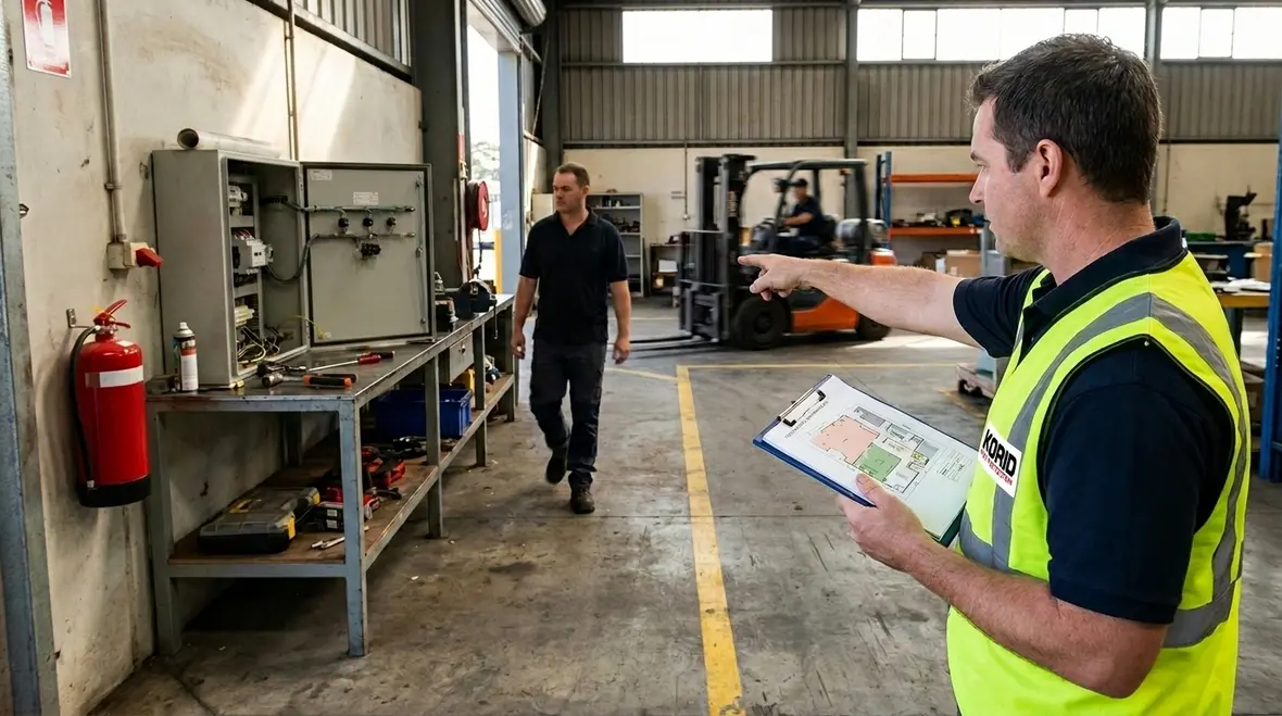 Technician reviewing extinguisher placement routes in a warehouse