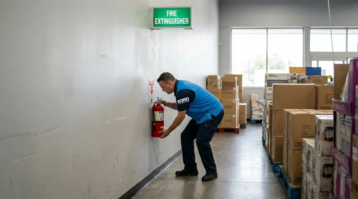 Visible and accessible fire extinguisher with signage in a workplace corridor