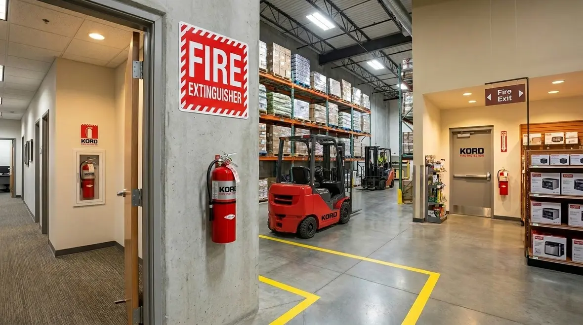 Fire extinguisher mounted on a workplace wall for strategic compliance planning