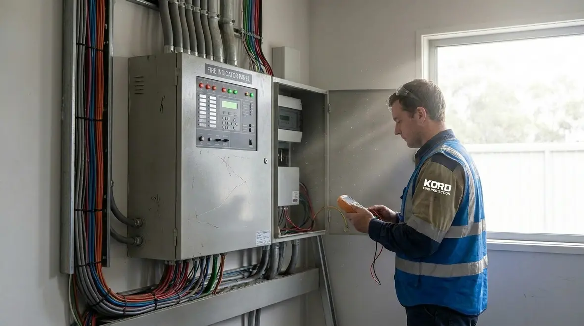 Technician inspecting fire protection electrical wiring and control systems