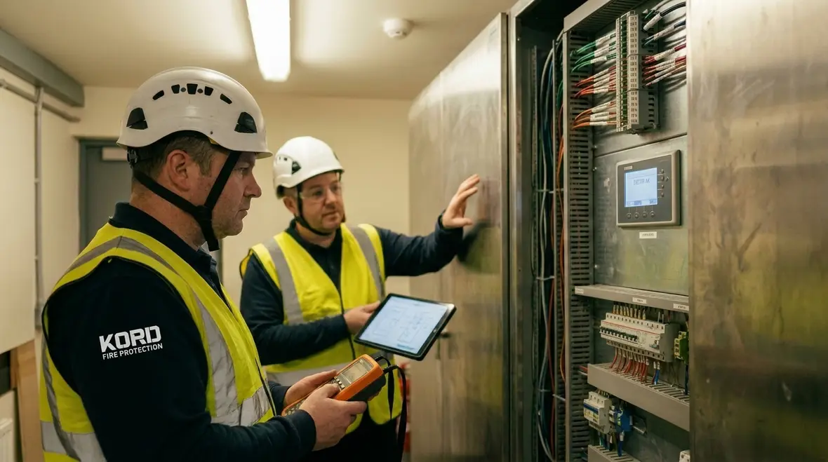 Technician assessing aging fire protection infrastructure in a commercial building