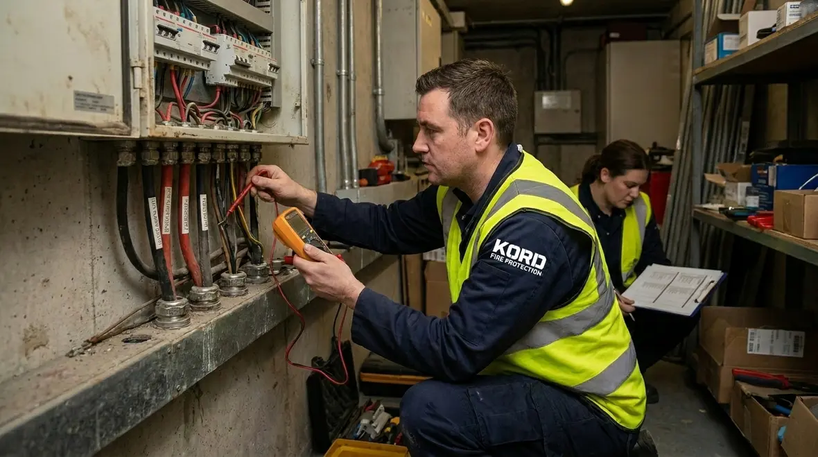 Technician reviewing monitored voltage and current trends for fire systems