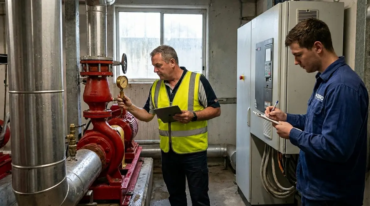 Technician checking fire pump controller status and wiring