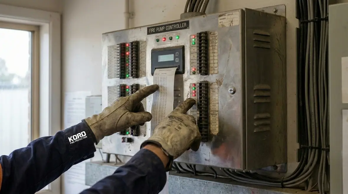 Fire pump controller logic and alarm review in a plant room
