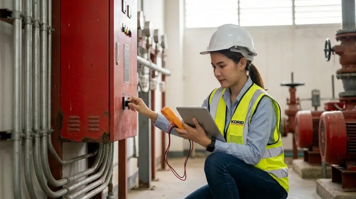 Technician reviewing fire pump controller diagnostics in a facility