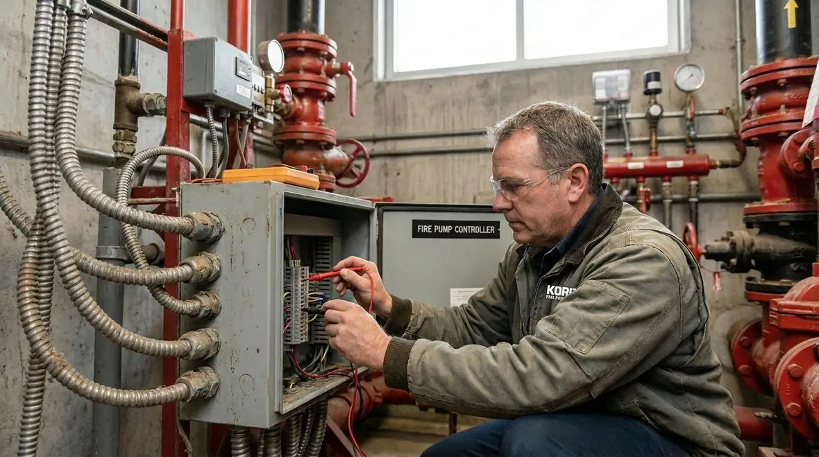 Technician checking fire pump controller wiring and relays