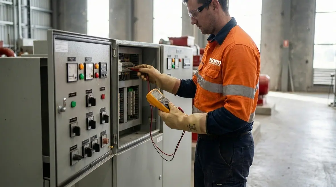 Technician inspecting a fire pump electrical control panel for troubleshooting