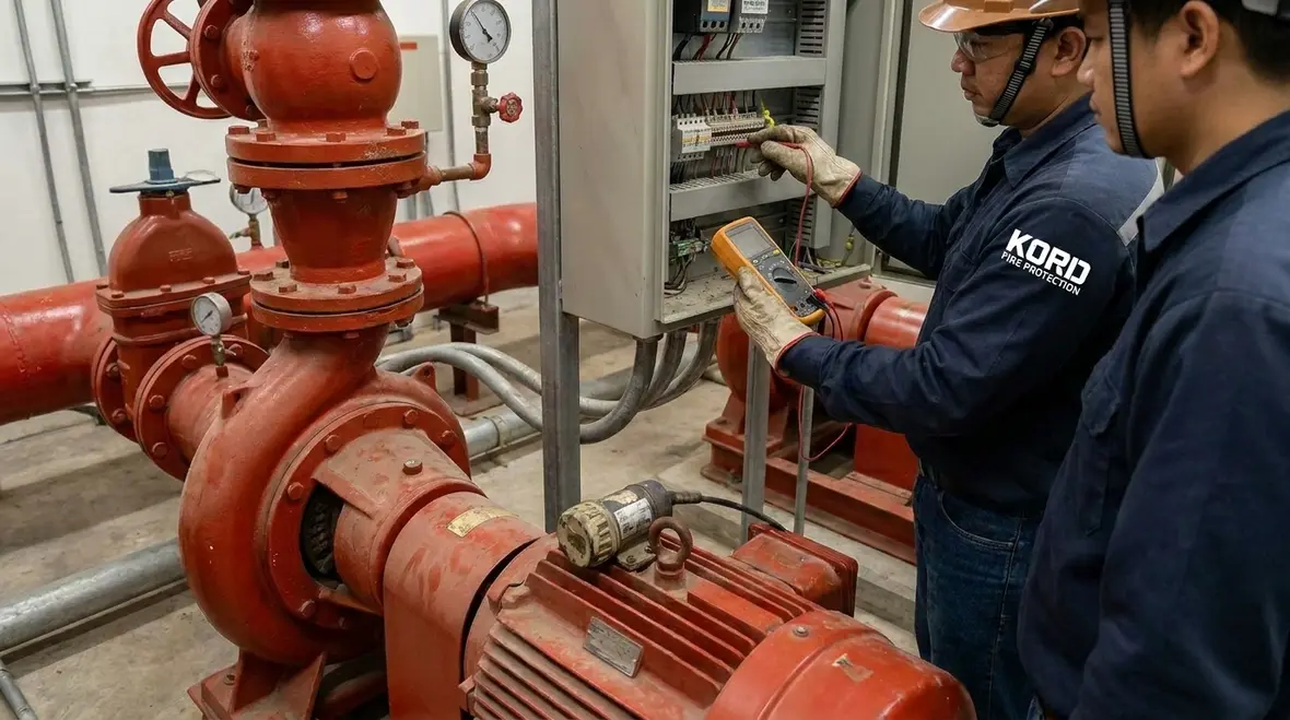 Fire pump motor maintenance checks and electrical testing in progress