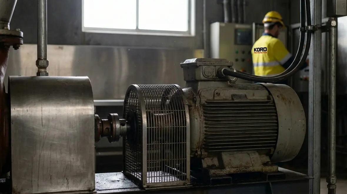 Technician inspecting fire pump motor maintenance points in a plant room