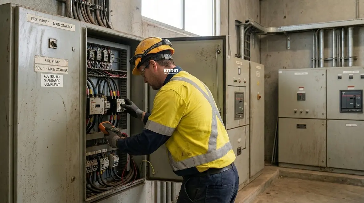 Technician inspecting fire pump motor protection components
