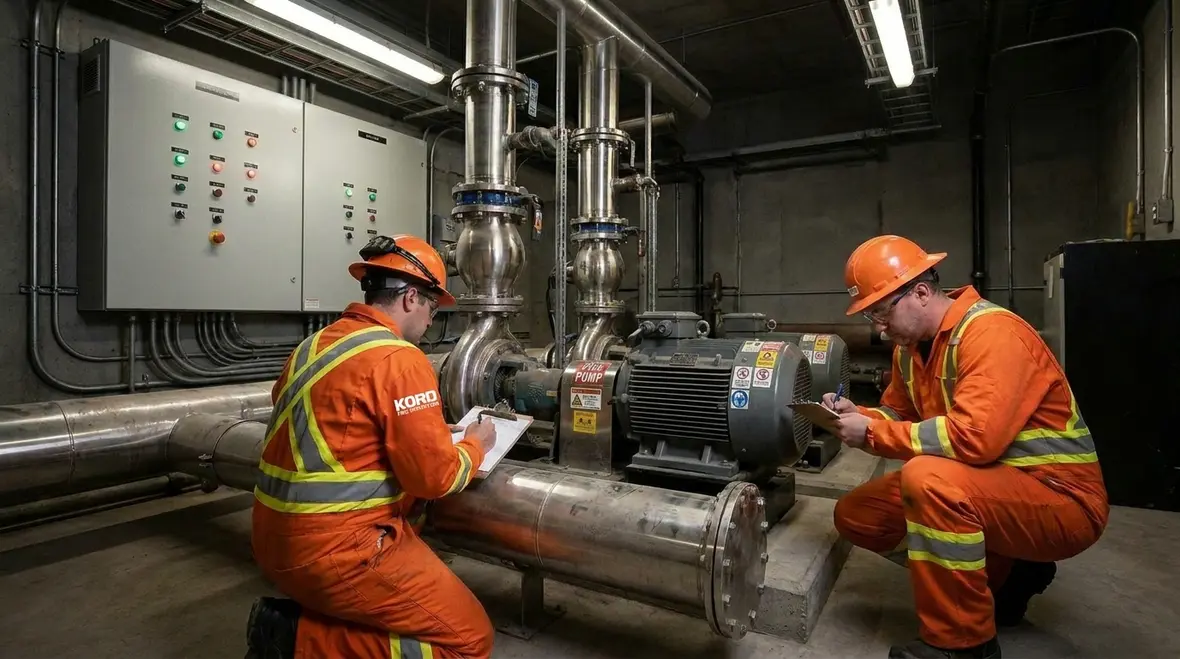 Technician inspecting fire pump motor wiring and controls in Australia