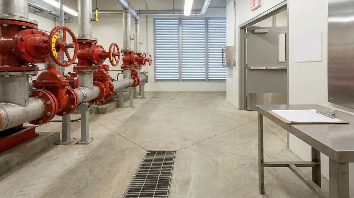 Technician reviewing fire pump room safety controls and access requirements in Australia