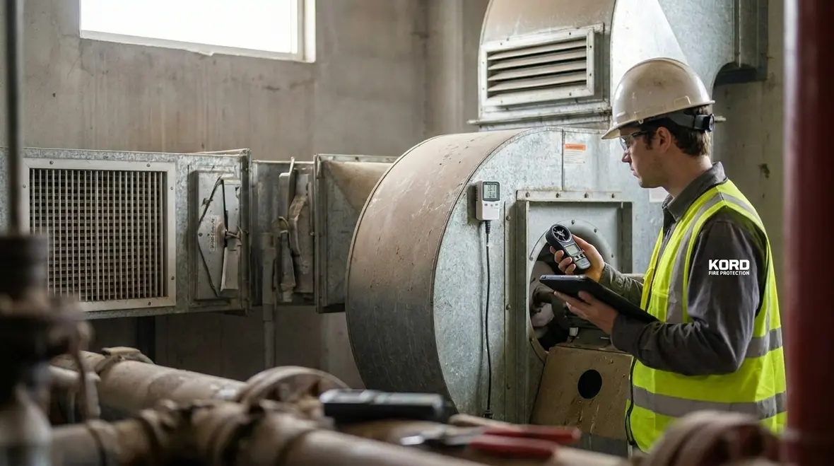 Technician checking fire pump room ventilation controls and sensors