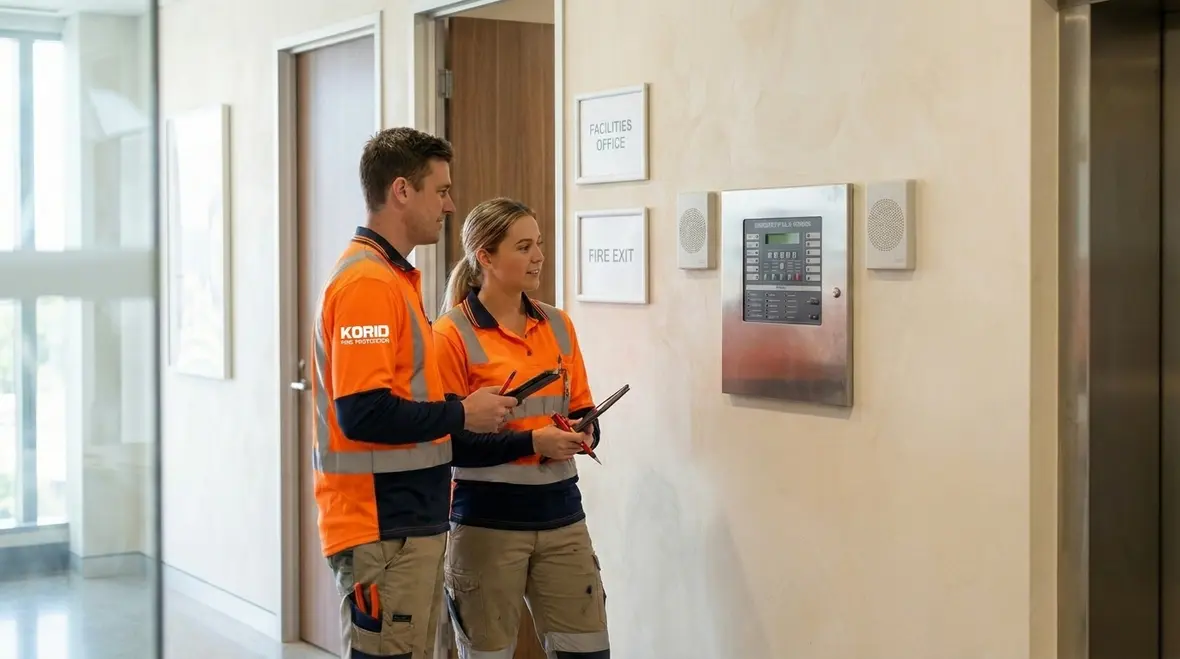 Technicians reviewing fire safety communication systems in a commercial building