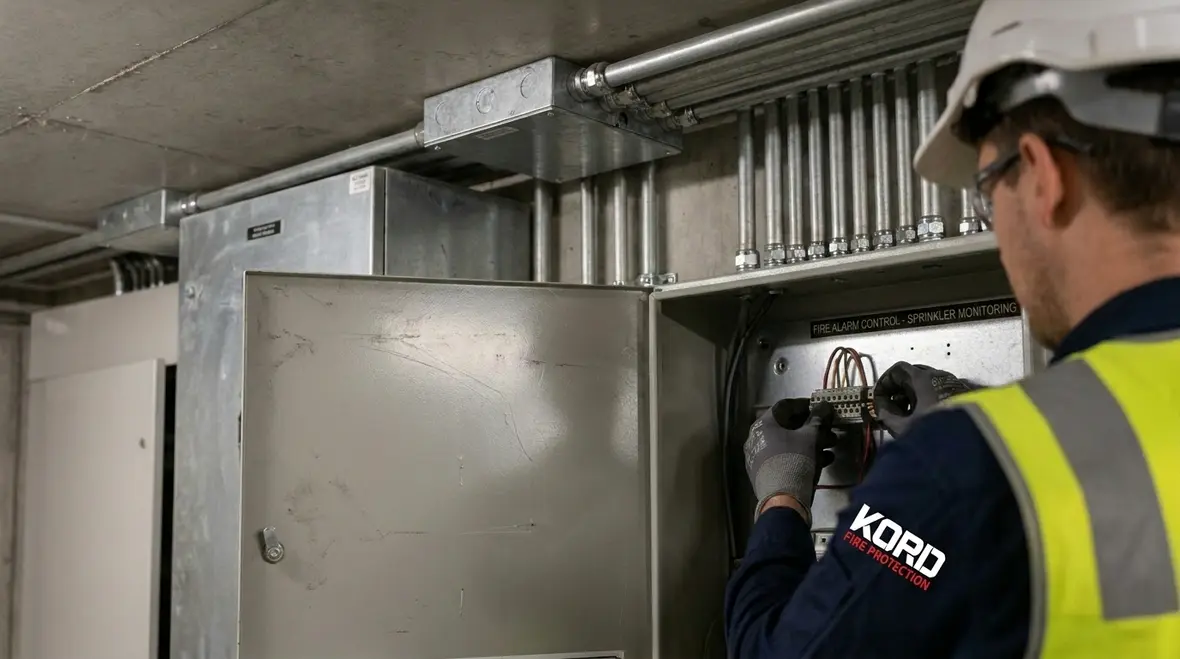 Technician reviewing fire sprinkler electrical connectivity wiring for reliable monitoring