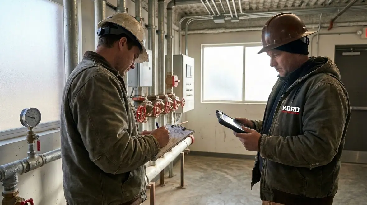 Commercial fire protection technician performing system inspection