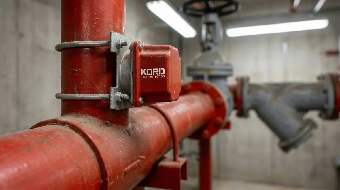 Technician checking commercial sprinkler piping and valve components