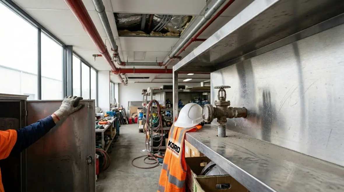 Technician inspecting sprinkler piping in an Australian commercial facility