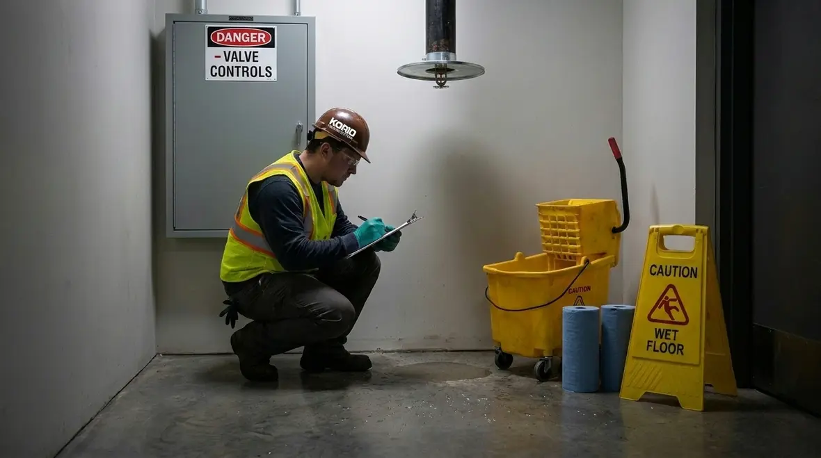 Protected sprinkler control valves and drainage planning in a commercial building