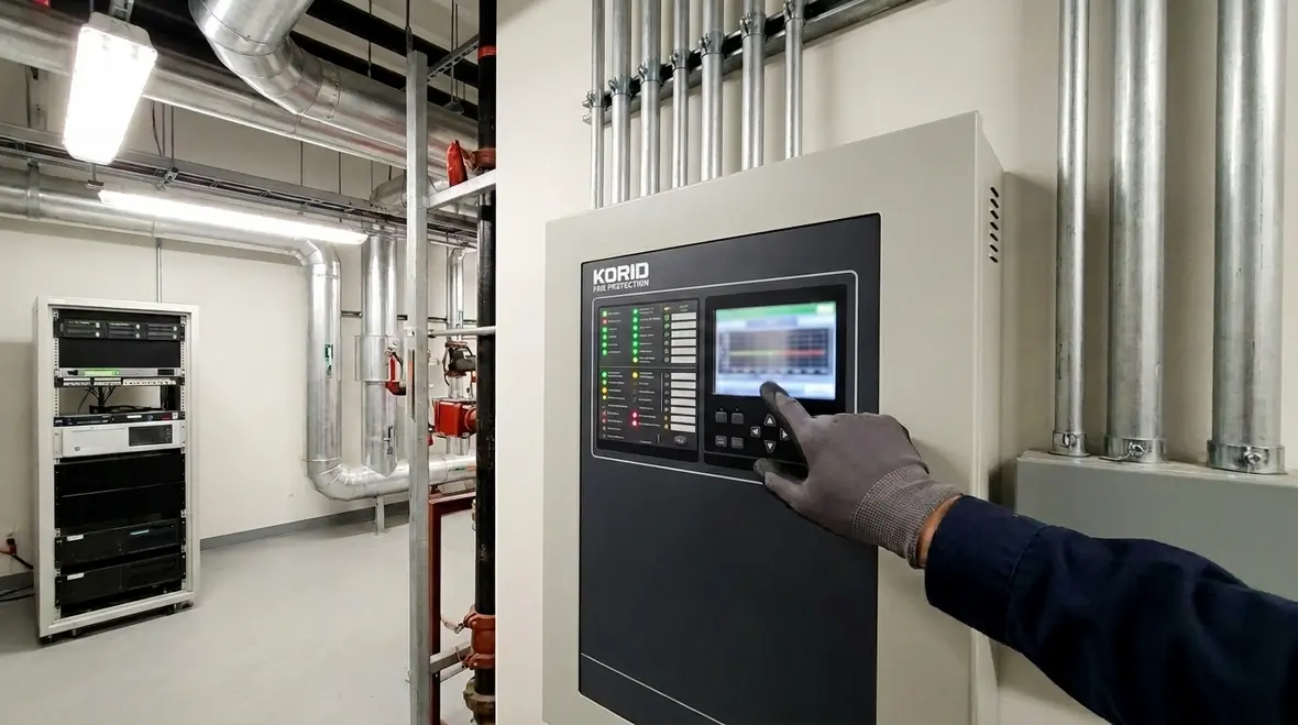 Smart fire sprinkler system electronics monitoring panel in a commercial facility