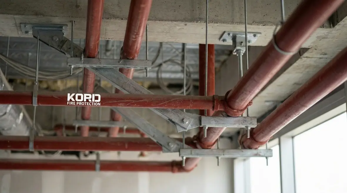 Seismic bracing supporting fire sprinkler pipework above an industrial ceiling
