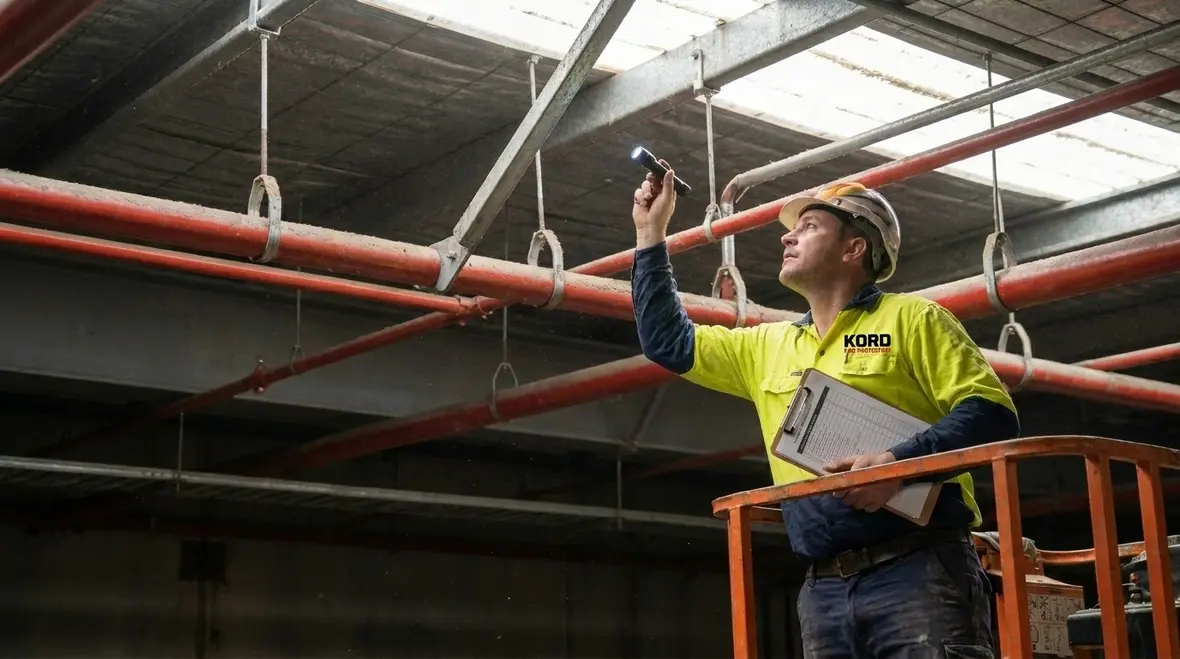 Technician reviewing sprinkler support points and seismic brace connections