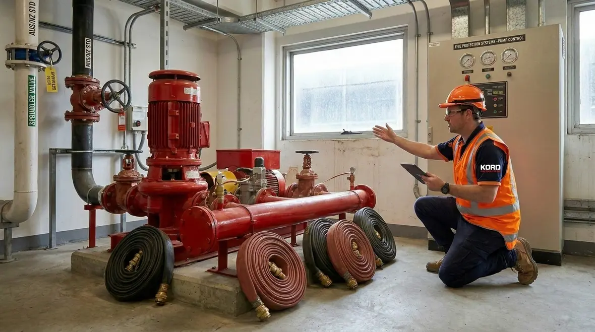 Technician performing fire standpipe pressure testing in a high rise building