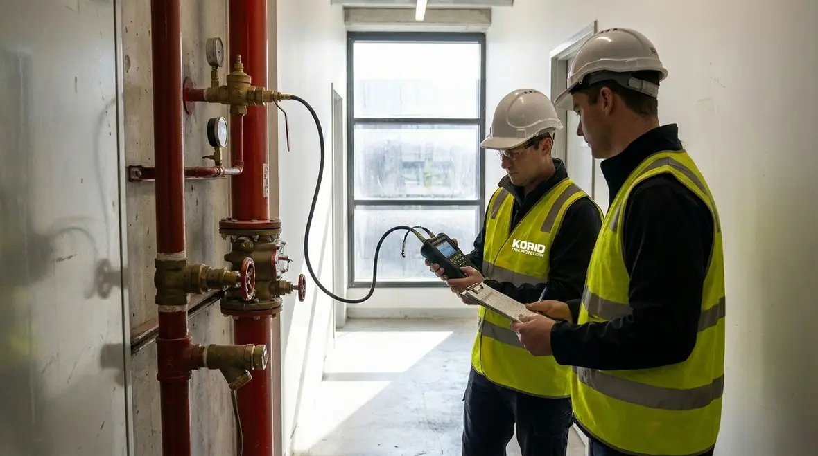 High rise standpipe system components being inspected and tested