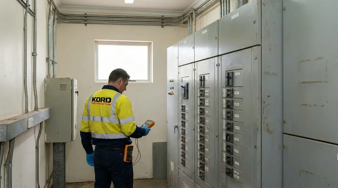 Technician reviewing fire suppression electrical safety controls during activation