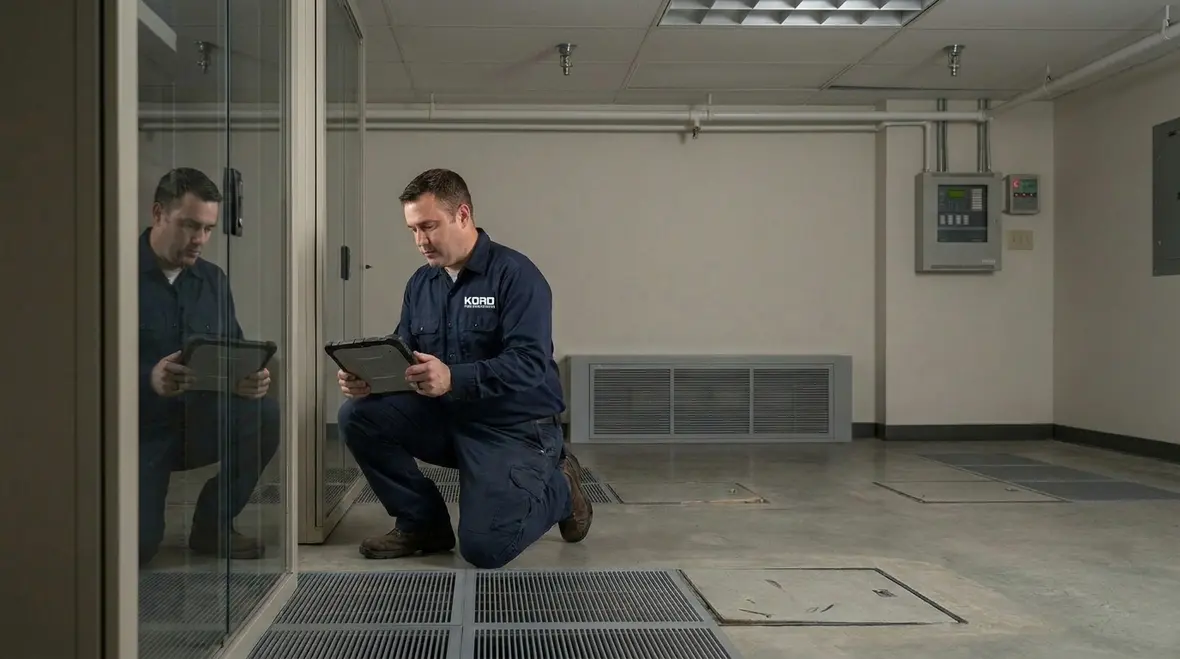 Technician reviewing fire suppression controls for a data hall
