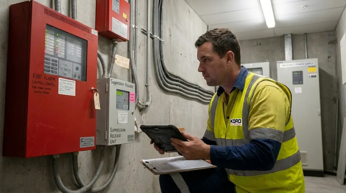 Technician reviewing suppression panel power quality and emergency electrical support