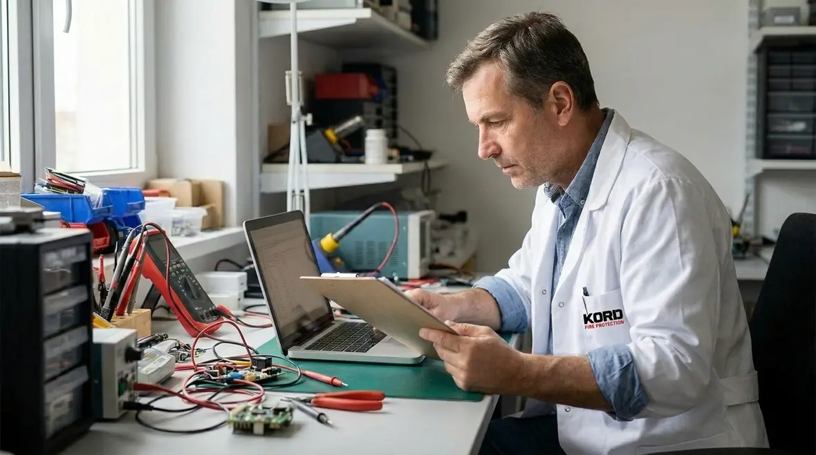 Technician reviewing fire suppression system sensors in a commercial facility