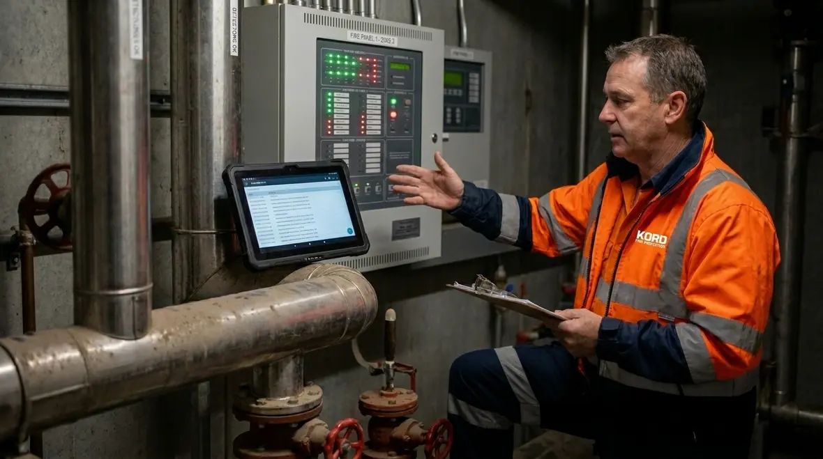 Technician performing advanced fire suppression system testing