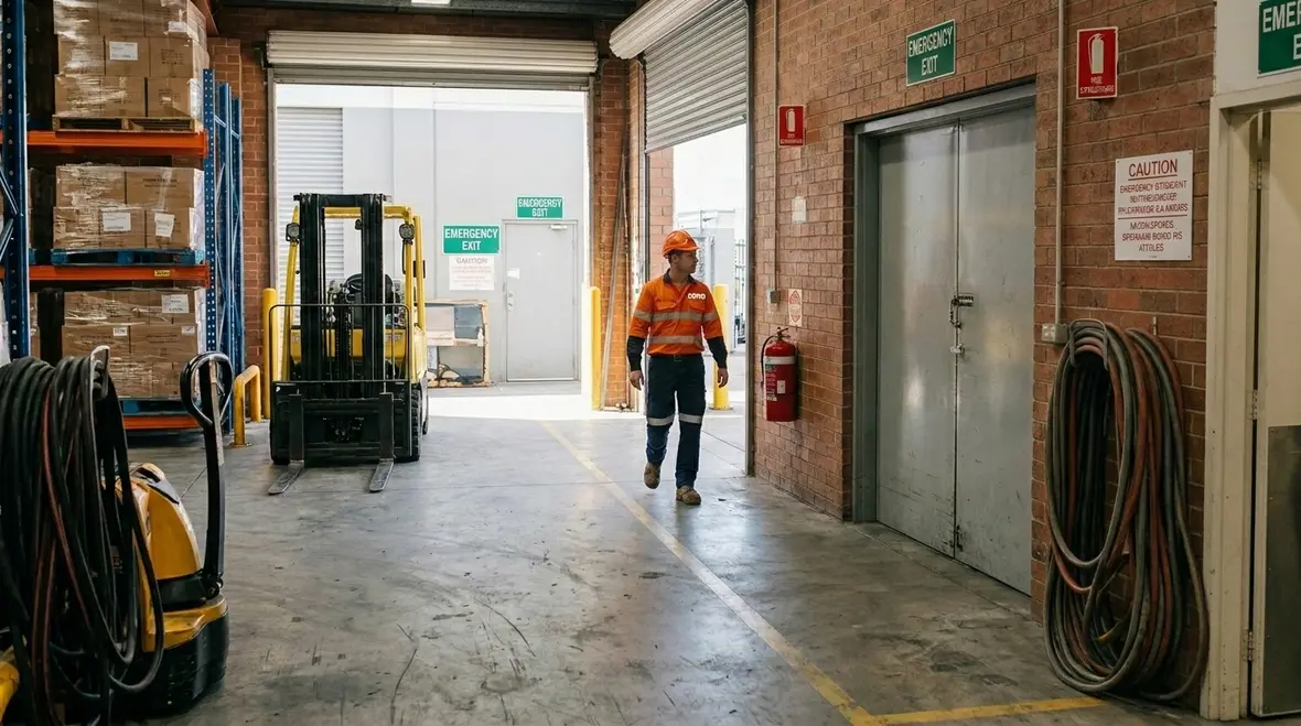 Fire extinguisher positioned for visibility near industrial operations