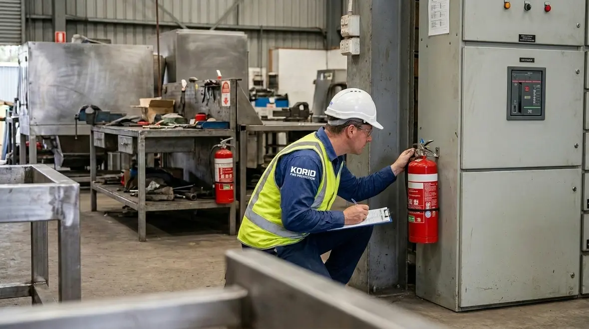 Industrial facility layout showing practical fire extinguisher coverage