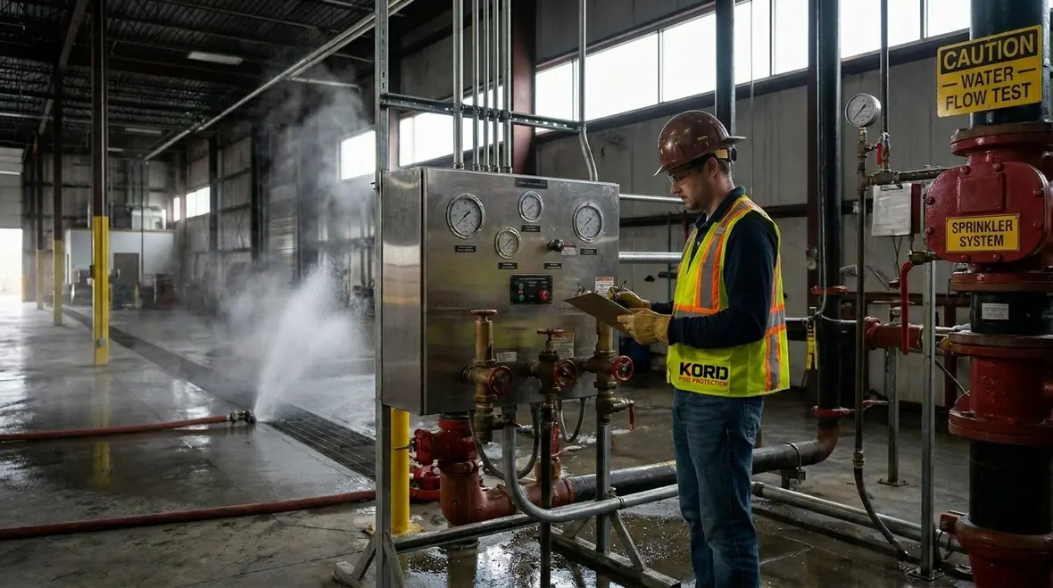Technician assessing fire risks across warehouse and workshop zones