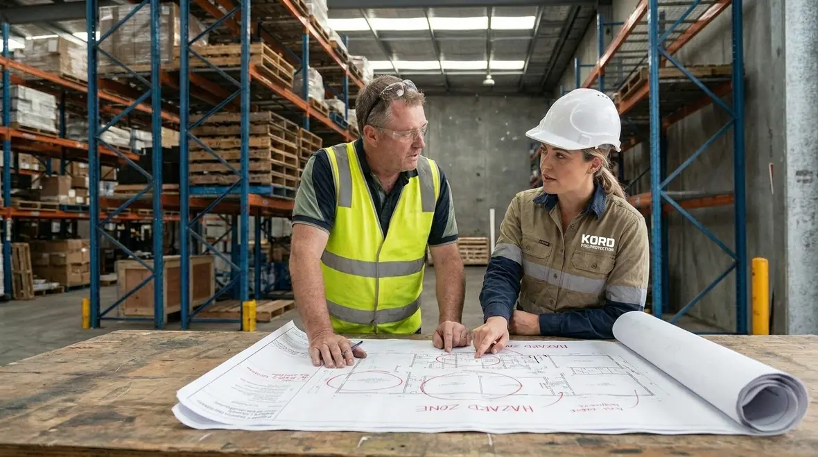 Industrial team reviewing fire suppression safety planning documents in a facility