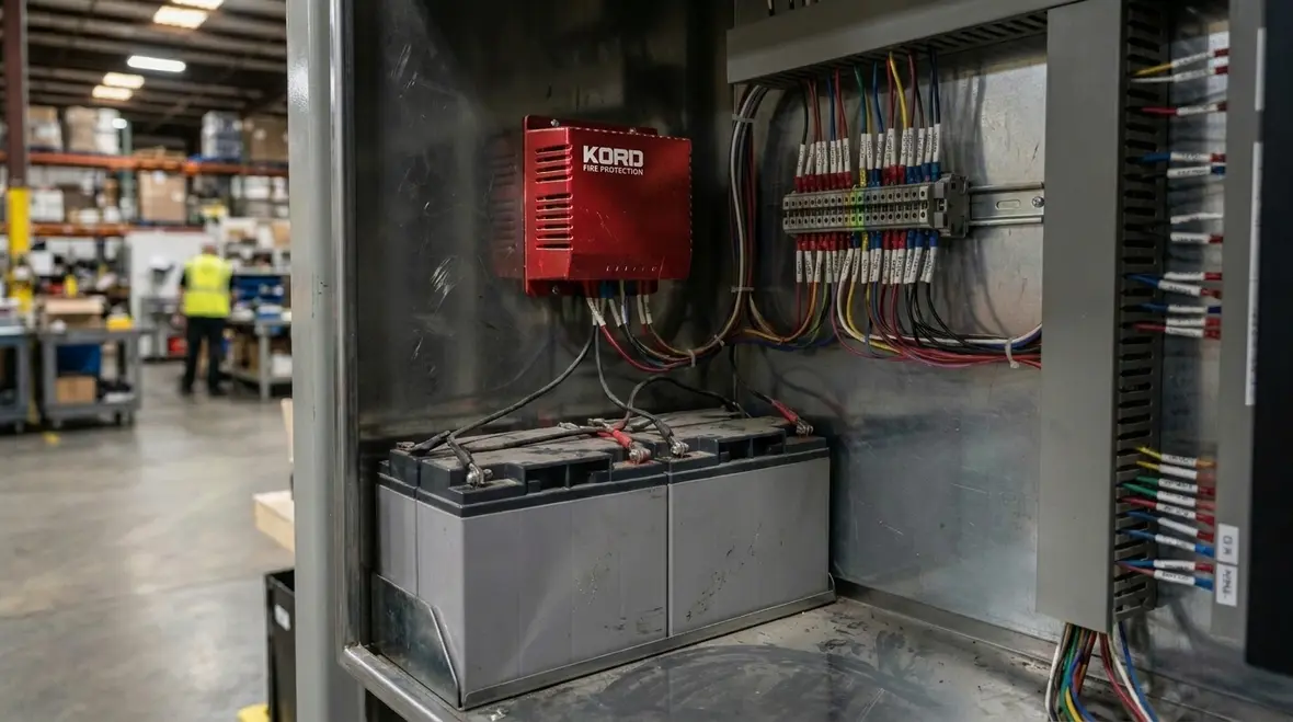 Technician reviewing fire alarm backup batteries and charger output