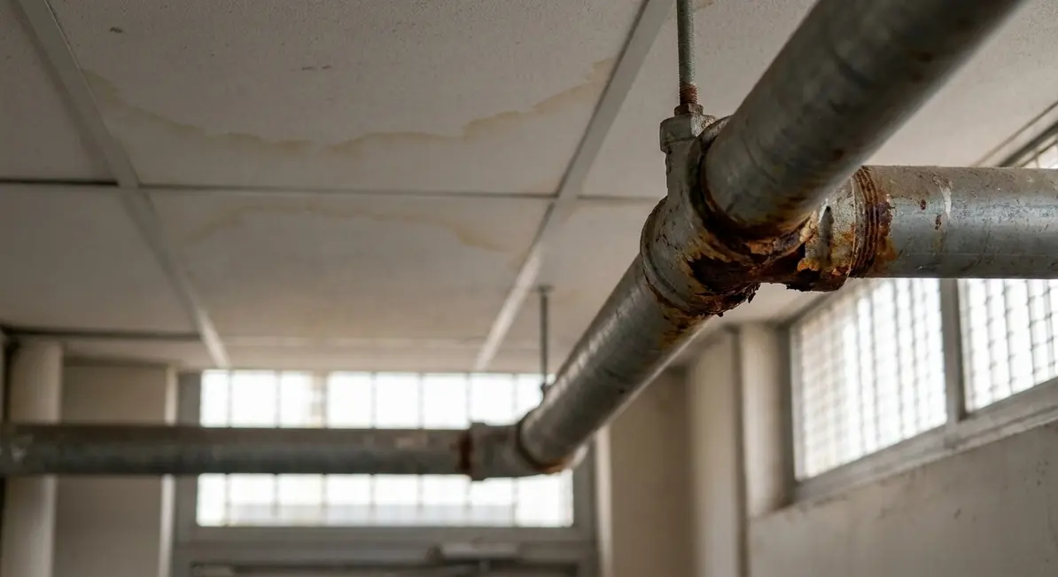Technician inspecting commercial fire sprinkler pipework for early leaks