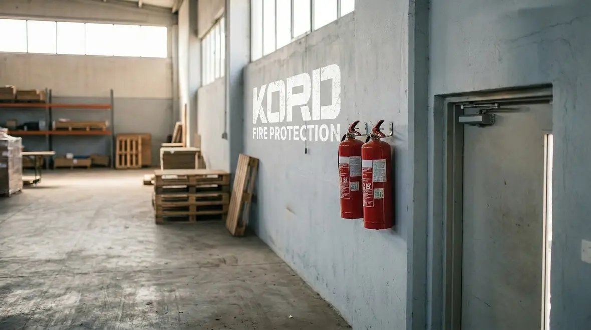 Wall-mounted portable fire extinguisher placed along a commercial corridor