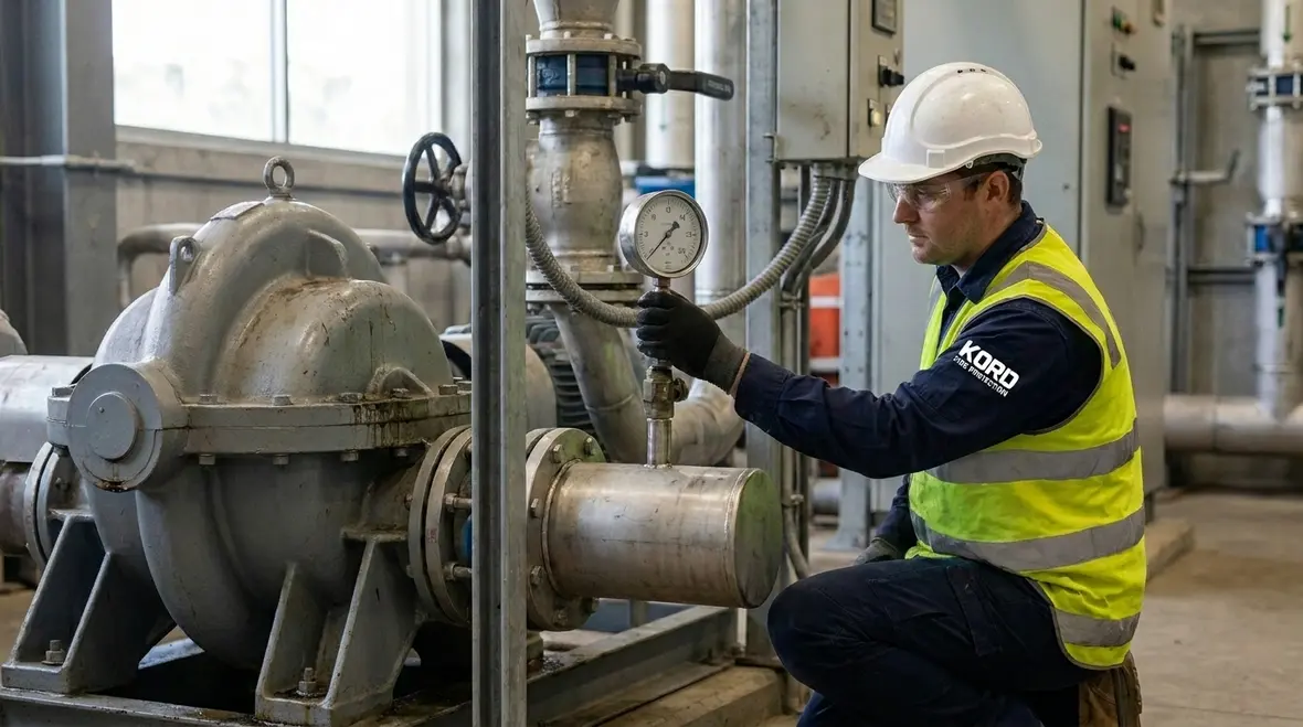 Technician performing preventive maintenance for fire pumps
