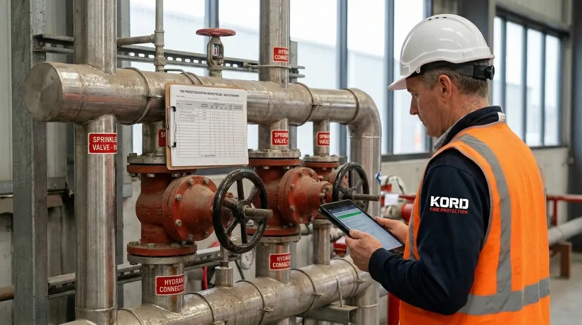 Technician reviewing process equipment compliance audit documents for Australian fire safety