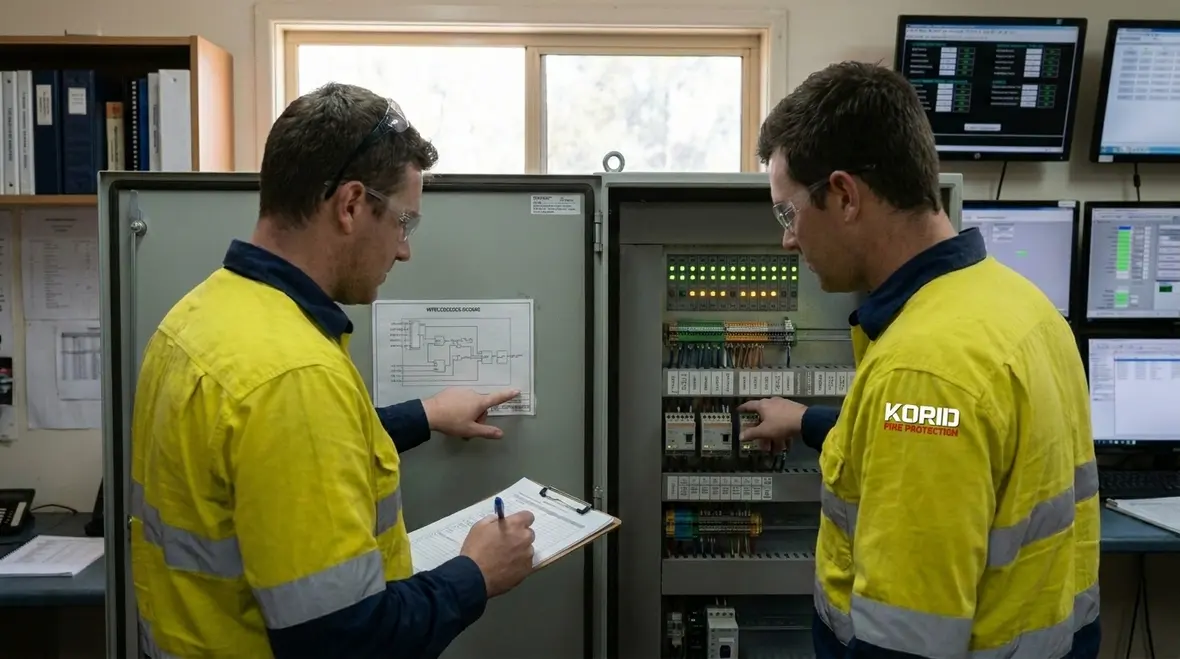 Technician reviewing process safety system requirements and fire protection controls